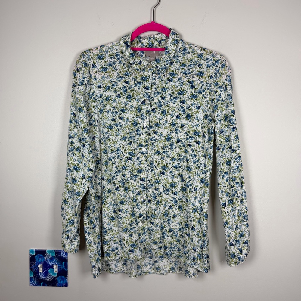 J Jill Floral Button Front Blouse Rayon Long Sleeve Top Cottagecore Modest Small